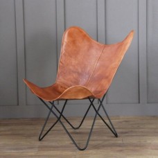 Genuine Brown Leather Chair, Butterfly Shape.